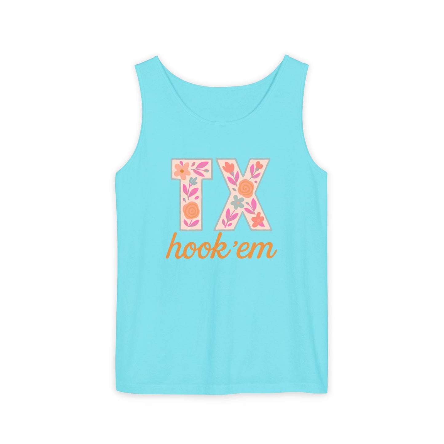Texas Floral Hook 'Em Unisex Tank Top, Summer Vibe, Casual Wear, College Gear, Gift for Graduates, Texas Pride Apparel, Comfort Colors, Graduation Gift