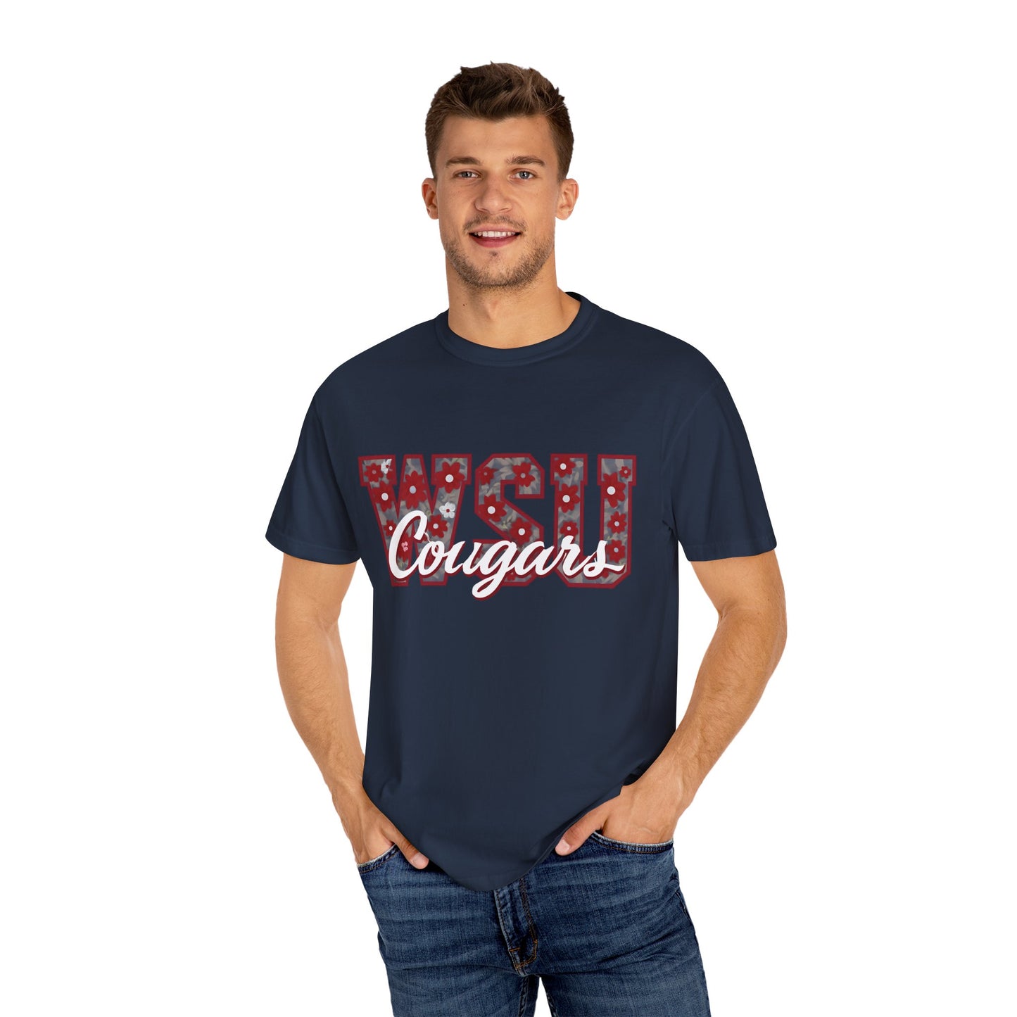 Garment-Dyed T-Shirt with WSU Cougars Design, Casual Wear, College Apparel, Sports Fan Gear, Comfortable Lifestyle Top, WSU Cougars