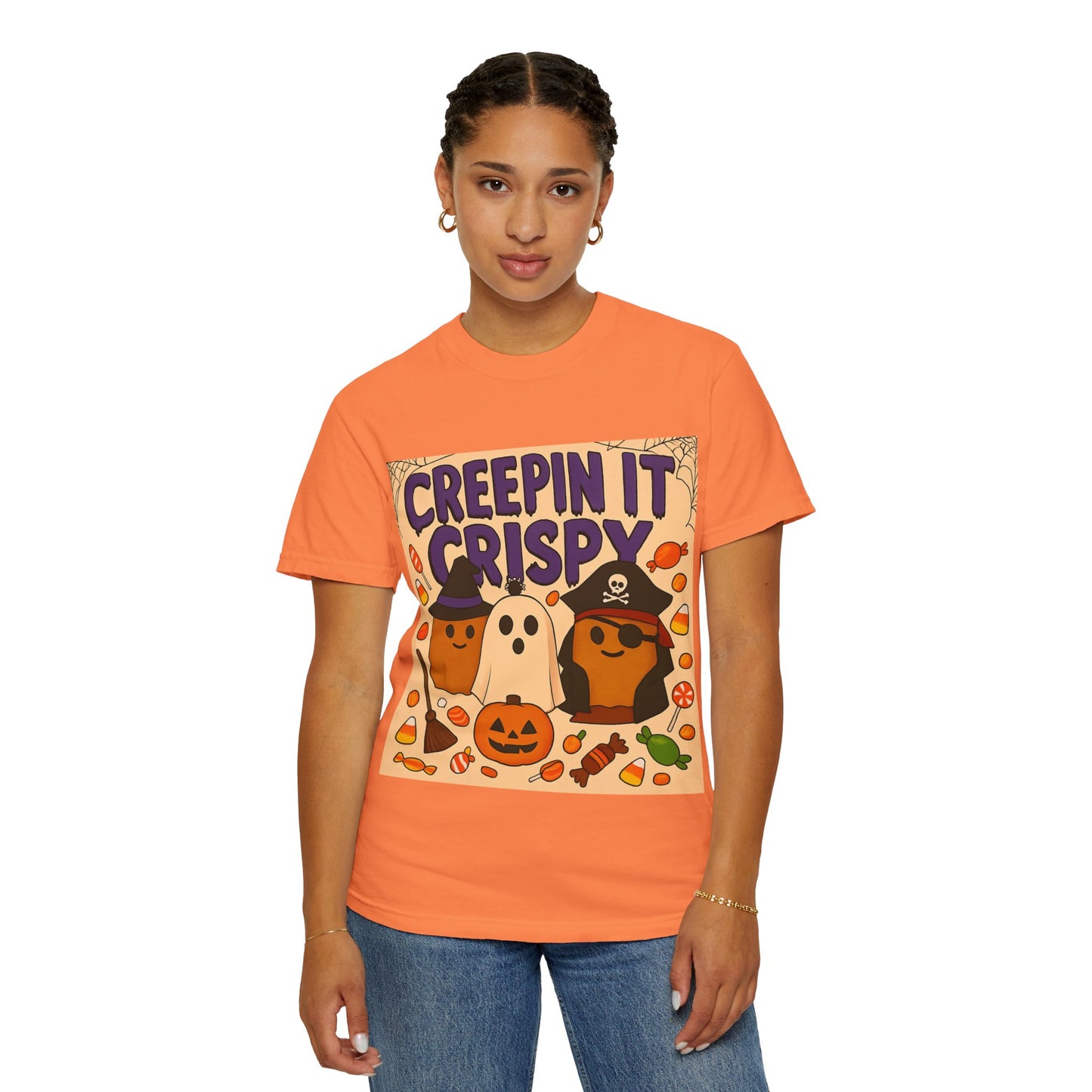 Halloween Themed T-Shirt, Creepin It Crispy T-Shirt, Unisex Shirt for Fall, Cute Halloween Tee, Festive Ghost & Candy Design