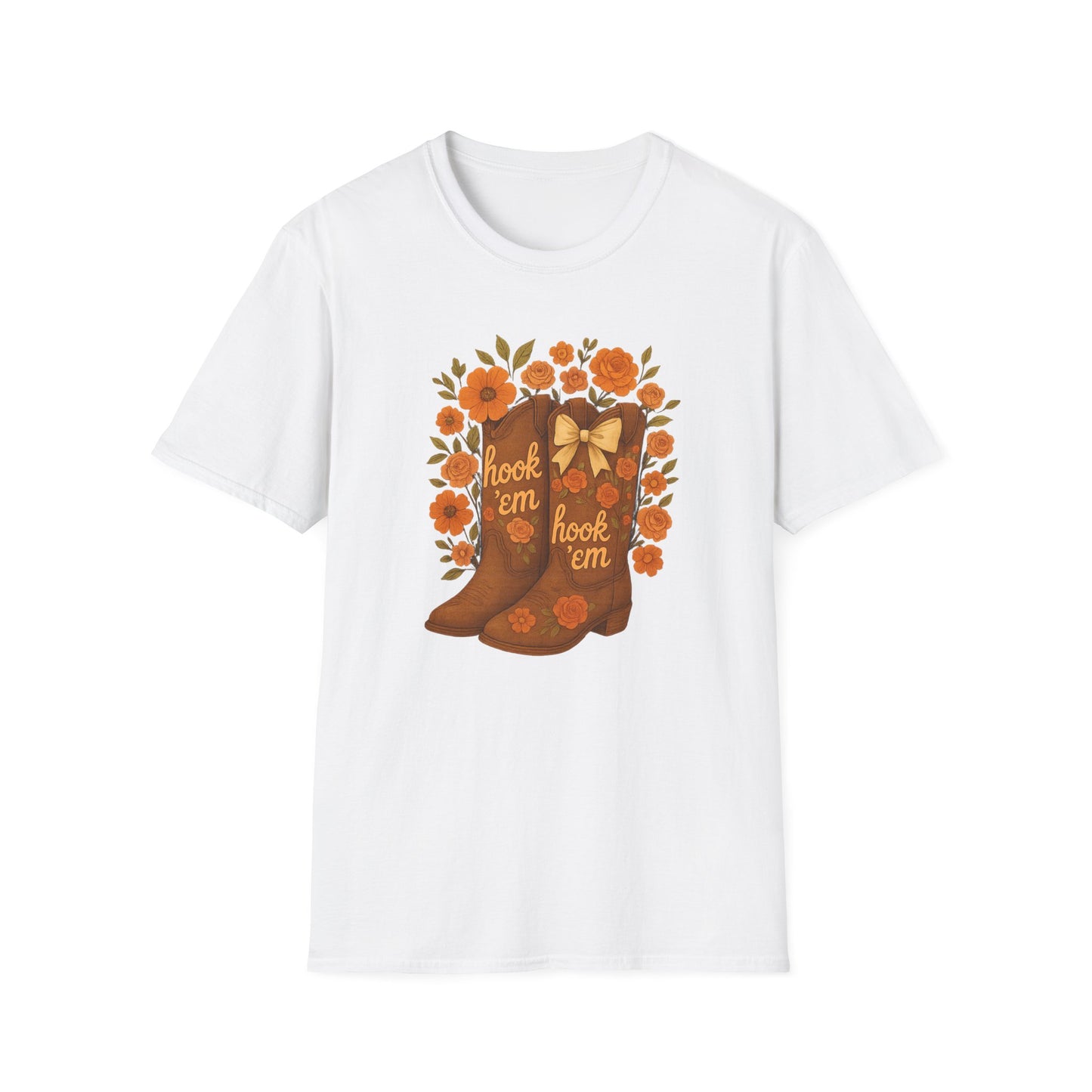 Tx Hook Em Floral Cowboy Boot T-Shirt, Hook 'Em Tee, Autumn Apparel, Country Style, Gift for Her, tx longhorns, texas fan gift, hook em horns, graduation gift, college student gift