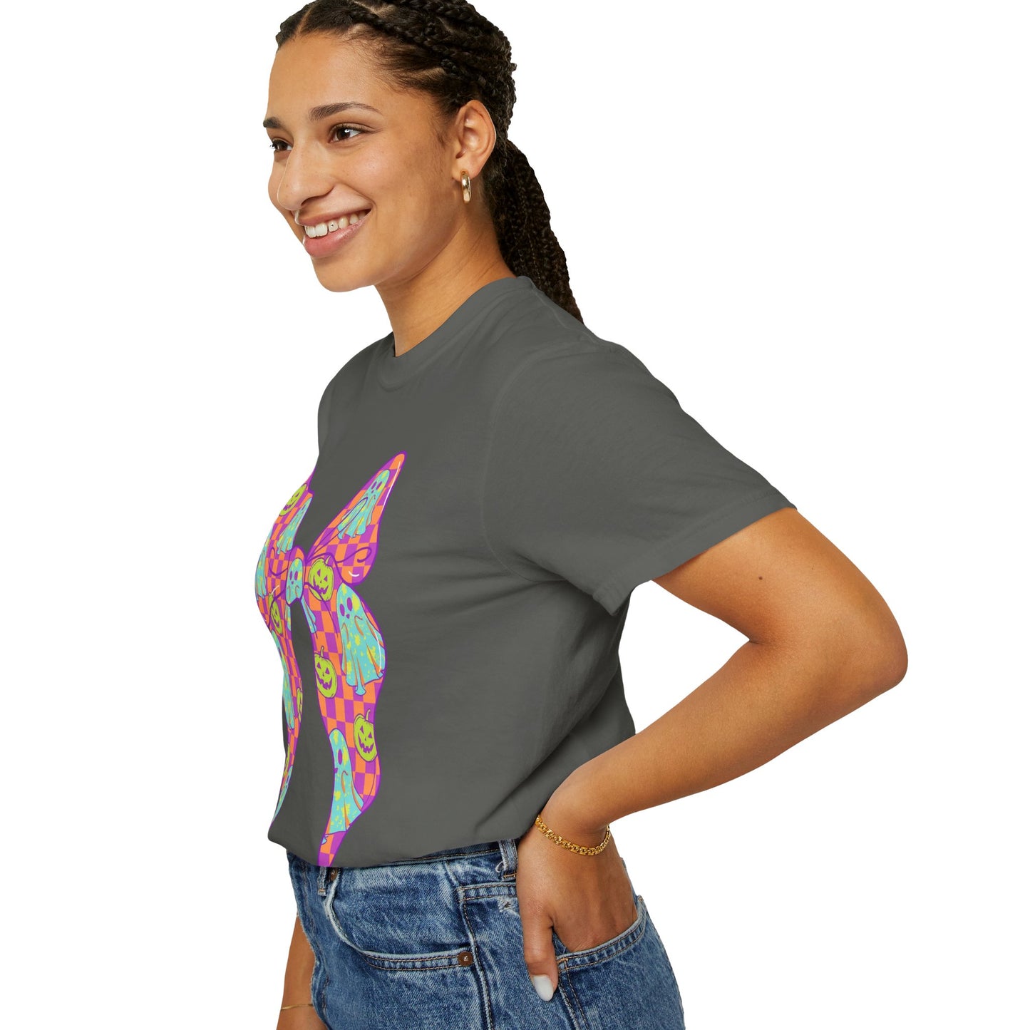 Neon Checkered Ghost Bow T-Shirt - Fun Lovers Halloween Unisex Tee