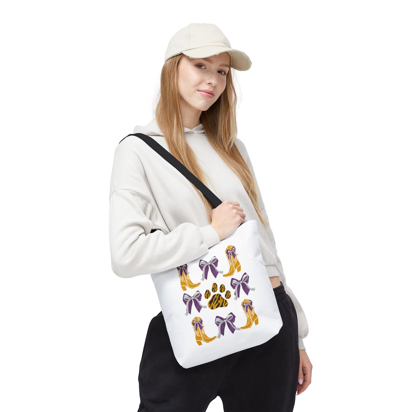 LSu coquette bow Print Tote Bag, Eco-Friendly Fashion Bag, lsu tiger fan, louisiana game day, geaux tigers, college student gift, graduation gift