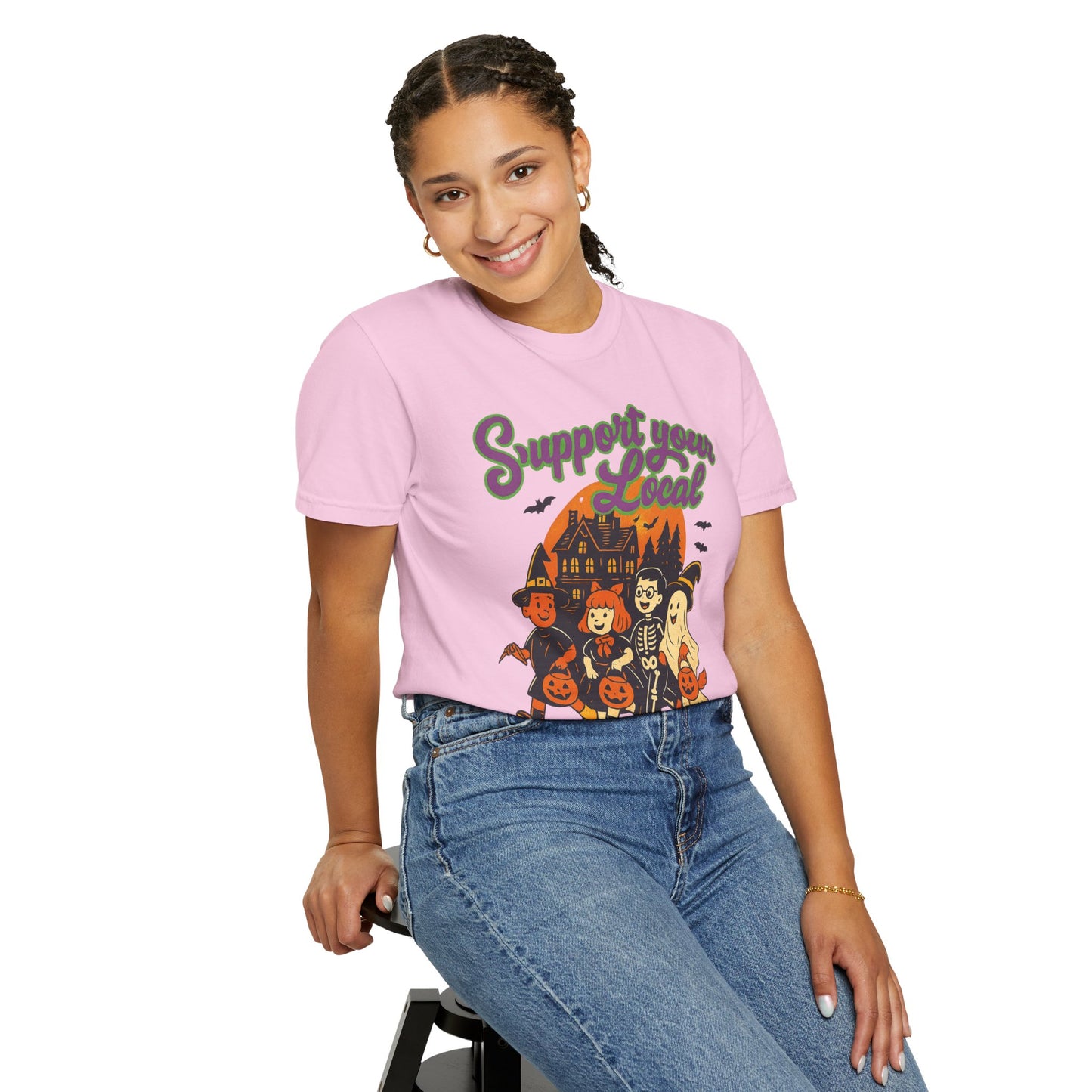 Halloween Support T-Shirt, Youth Trick or Treat Shirt, Garment-Dyed Tee for Kids, Spooky Season Apparel, Holiday Party Top, Fun Costume Wear