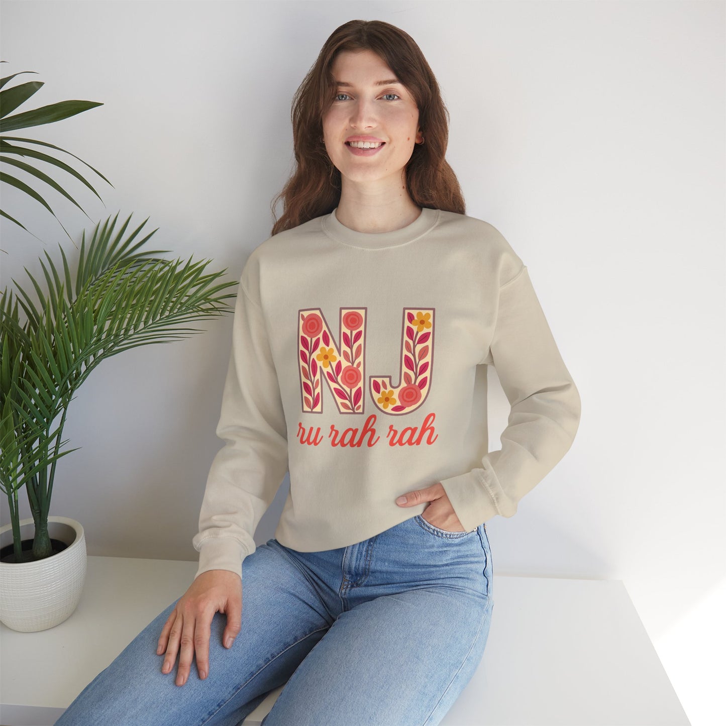 NJ Floral Pattern Crewneck Sweatshirt, Cozy Jersey, Casual Layer, Unique Gift, Fall Fashion, Unisex Apparel