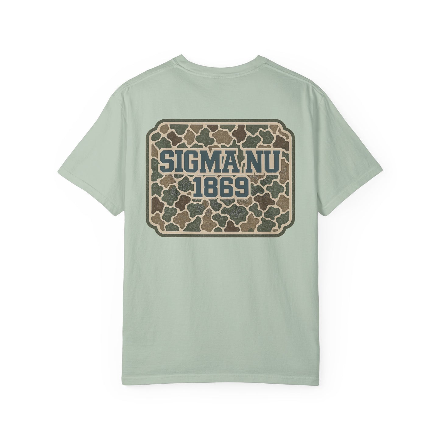 SigmaNu Camouflage T-Shirt | Unisex Garment-Dyed Tee for Greek Life | Ideal for Fraternity Events, Casual Wear, Gifts, Game Days