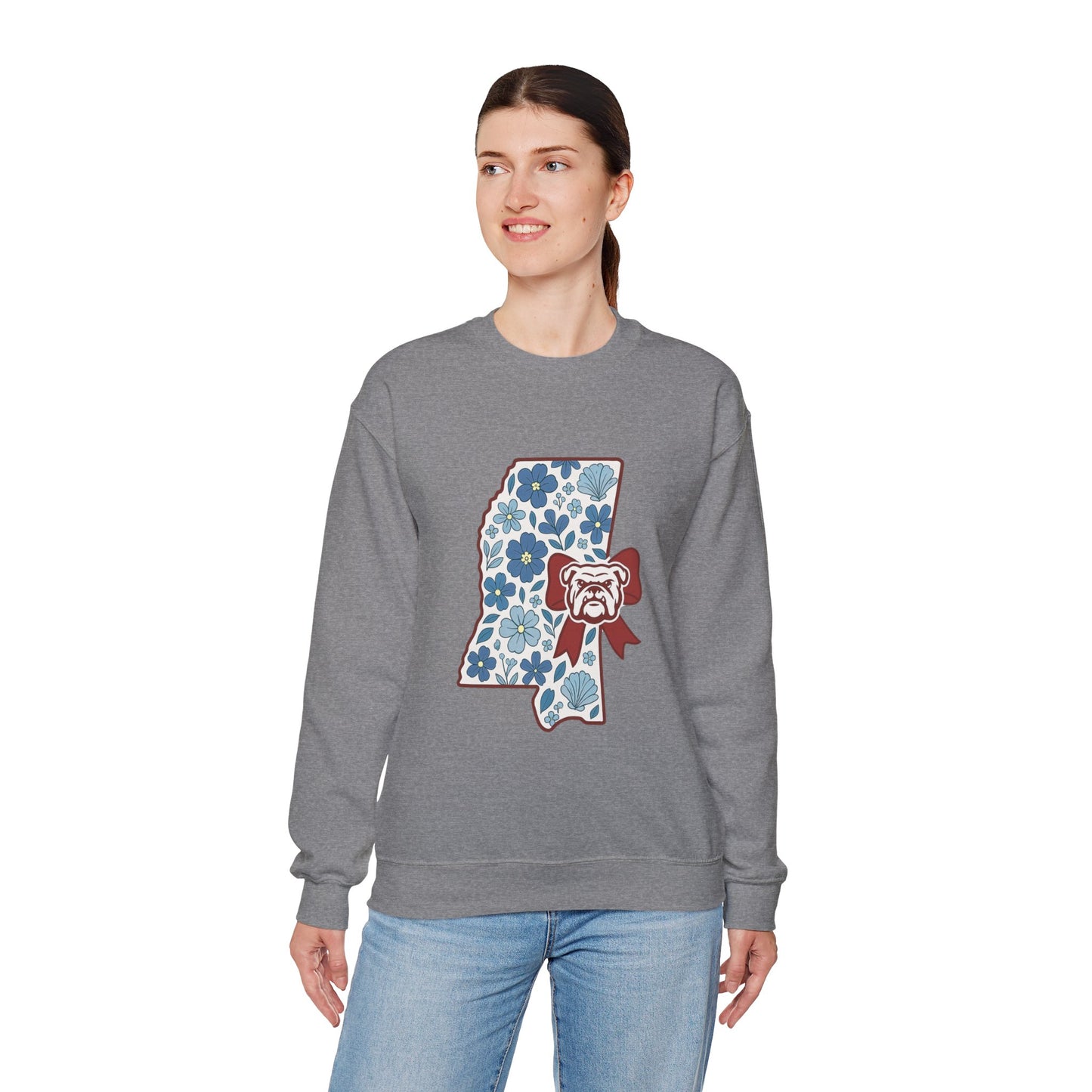 Mississippi Flower Bulldog Crewneck Sweatshirt, Cozy Sweatshirt for Fall, Gift for Dog Lovers, College Apparel, Casual Fashion