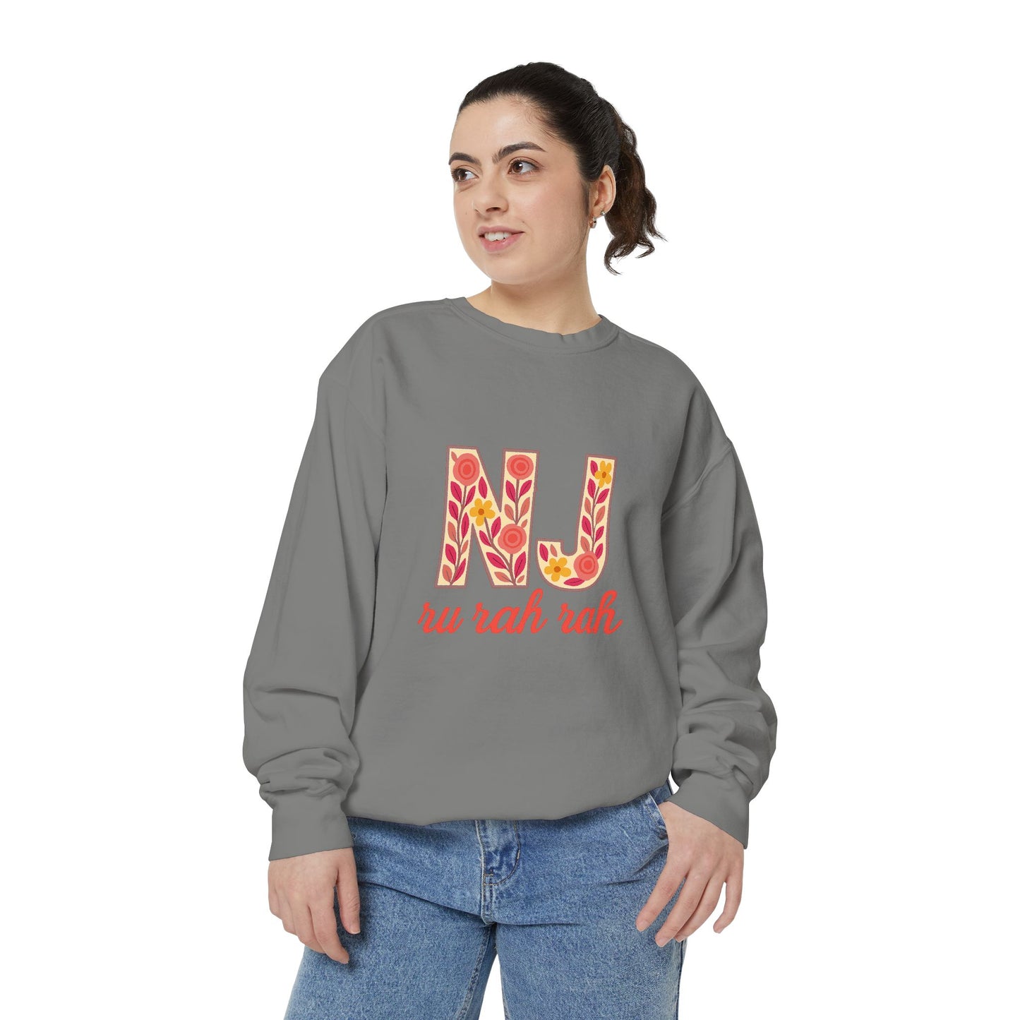 Cheerful NJ Garment-Dyed Sweatshirt, Cozy Unisex Pullover for School Spirit, Fall Fashion, Gift for College Students, Relaxed Fit