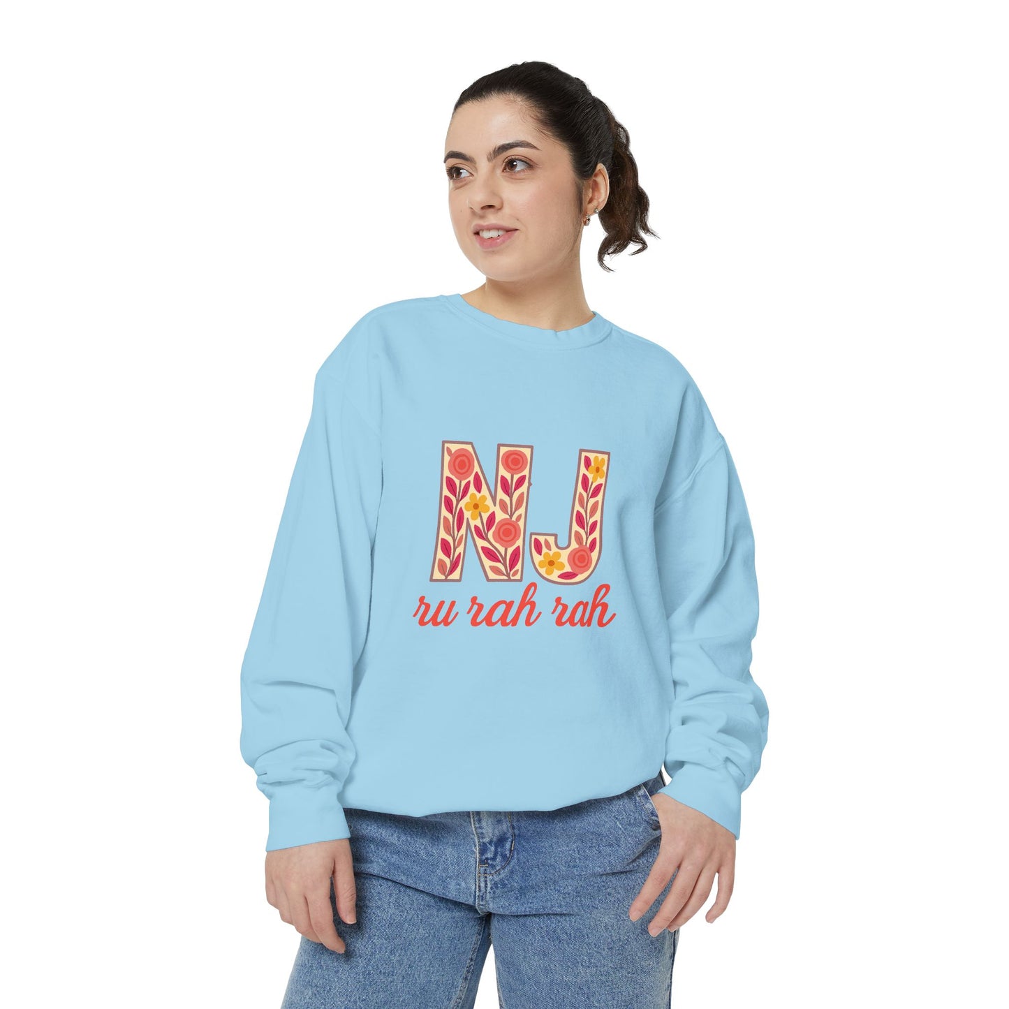 Cheerful NJ Garment-Dyed Sweatshirt, Cozy Unisex Pullover for School Spirit, Fall Fashion, Gift for College Students, Relaxed Fit