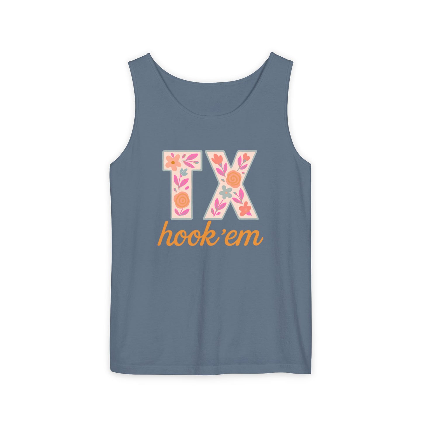 Texas Floral Hook 'Em Unisex Tank Top, Summer Vibe, Casual Wear, College Gear, Gift for Graduates, Texas Pride Apparel, Comfort Colors, Graduation Gift