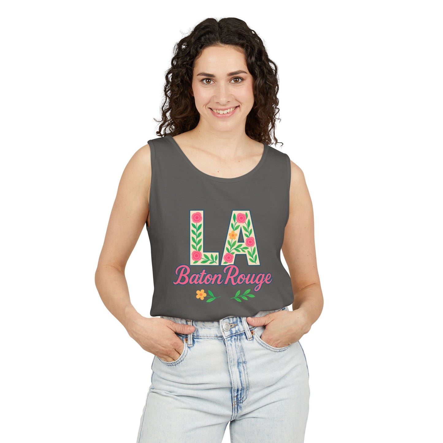 LA Baton Rouge Floral Tank Top, Summer Vibes, Unisex Apparel, Gift for Friends, Vacation Outfit, Spring/Summer Wear, Comfort Colors, Graduation Gift