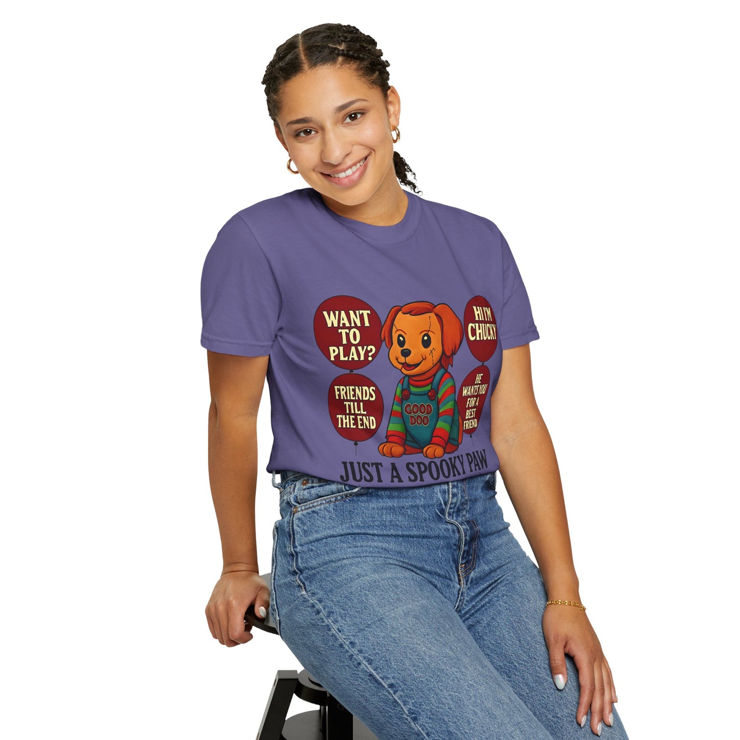 Spooky Graphic T-shirt, Halloween Costume Top, Unisex Tee, Funny Chucky Shirt, Gift for Horror Fans, Cute Spooky Apparel