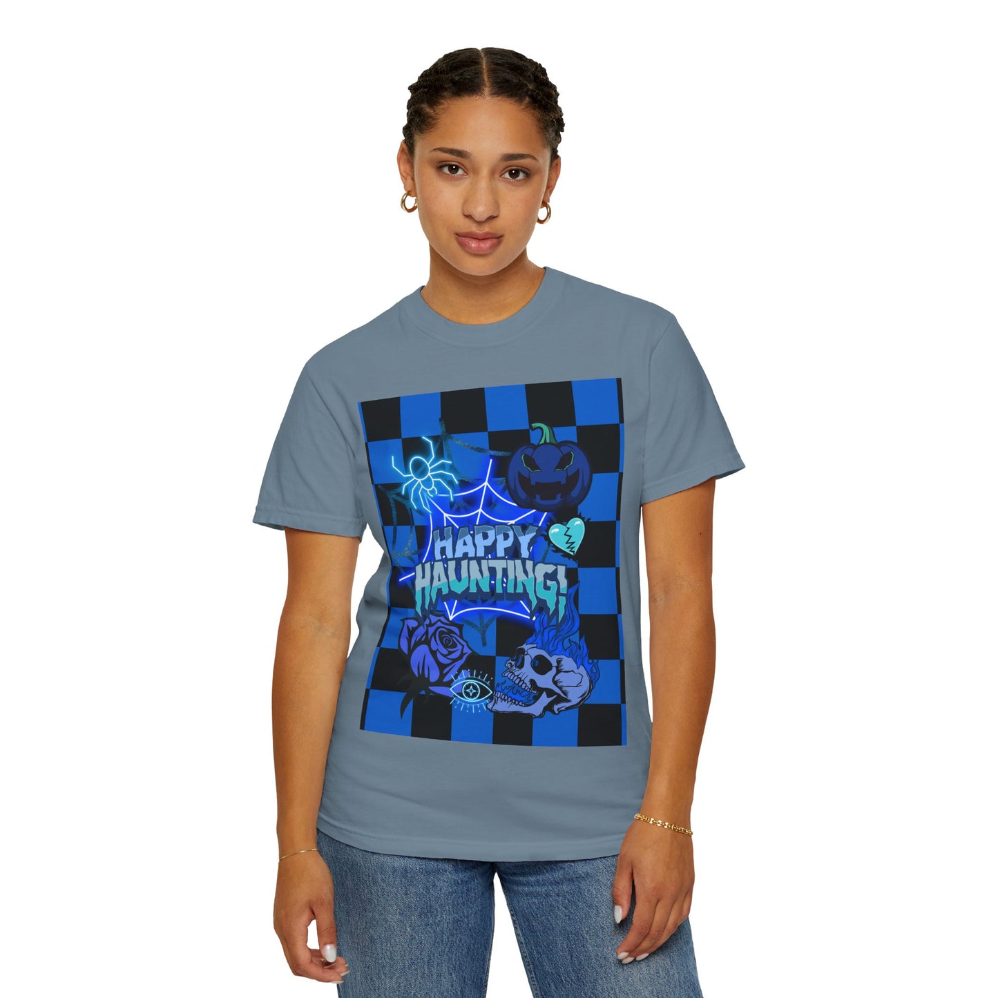 Happy Haunting Unisex Garment-Dyed T-shirt, Halloween Tee, Spooky Shirt, Fall Fashion, Casual Wear, Pumpkin Fest