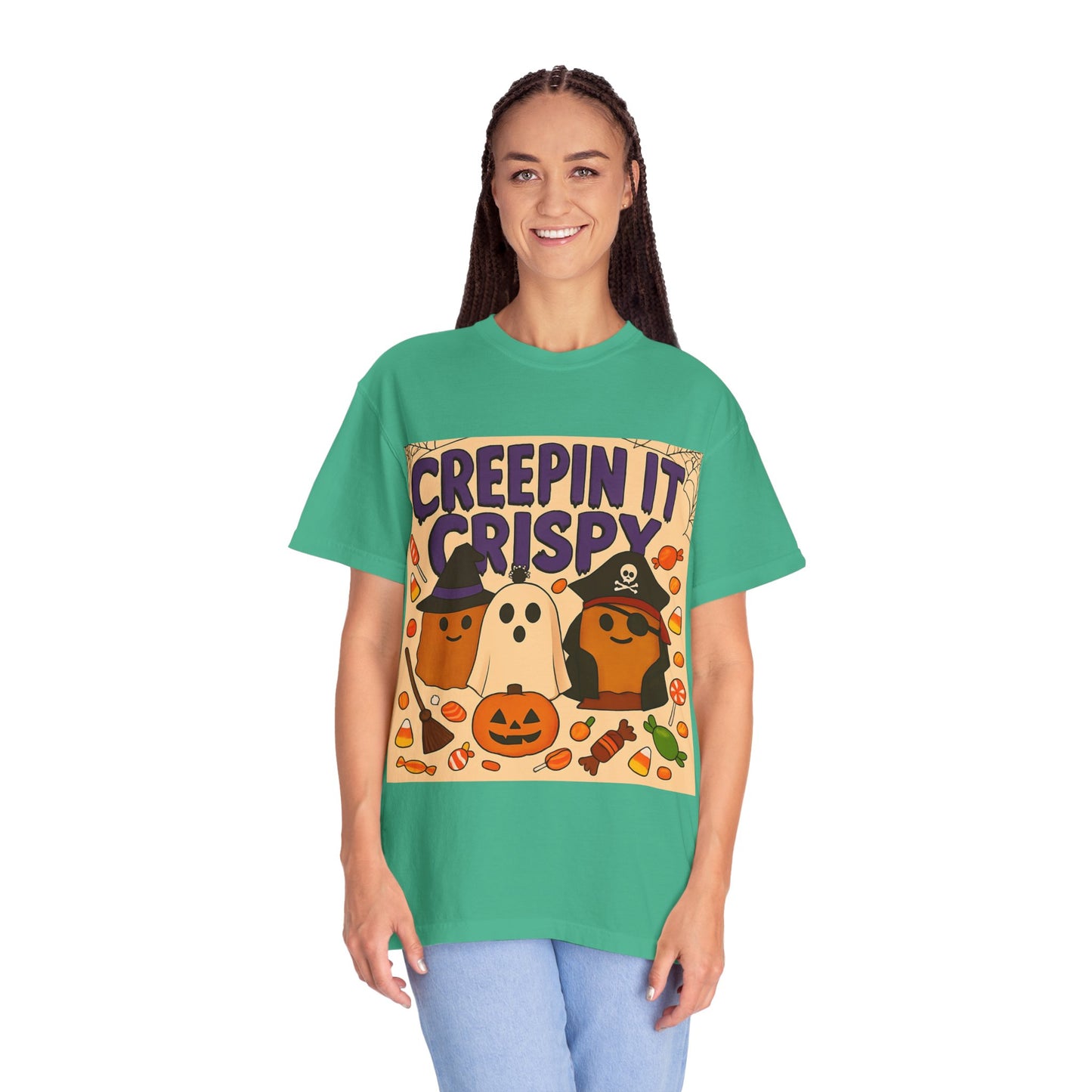 Halloween Themed T-Shirt, Creepin It Crispy T-Shirt, Unisex Shirt for Fall, Cute Halloween Tee, Festive Ghost & Candy Design