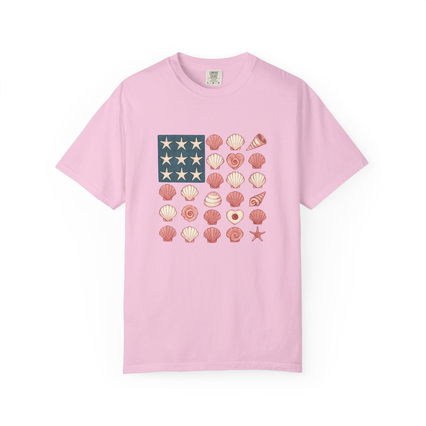 Comfort Colors-Seashell Flag T-Shirt, Unisex, American Flag, Beach Vibes, Nautical Gift, Summer Vibes, July 4th
