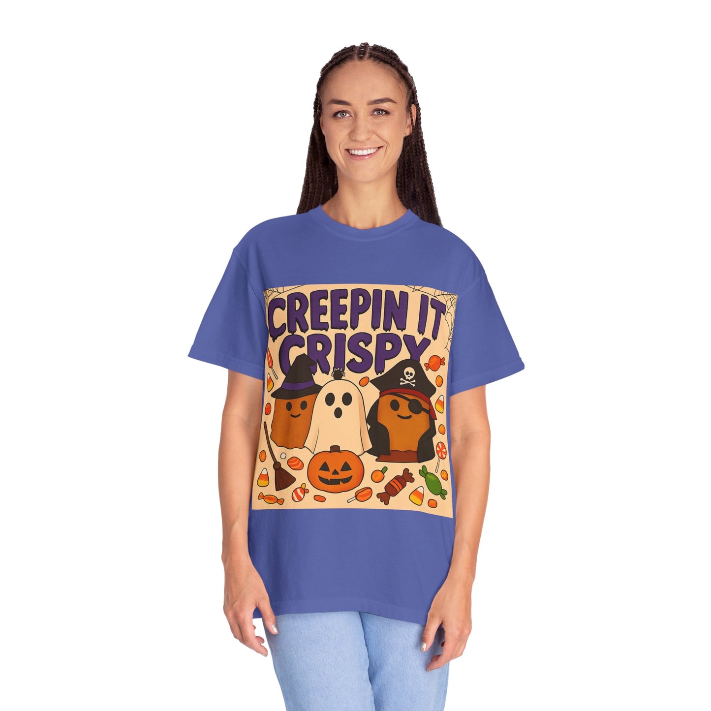 Halloween Themed T-Shirt, Creepin It Crispy T-Shirt, Unisex Shirt for Fall, Cute Halloween Tee, Festive Ghost & Candy Design