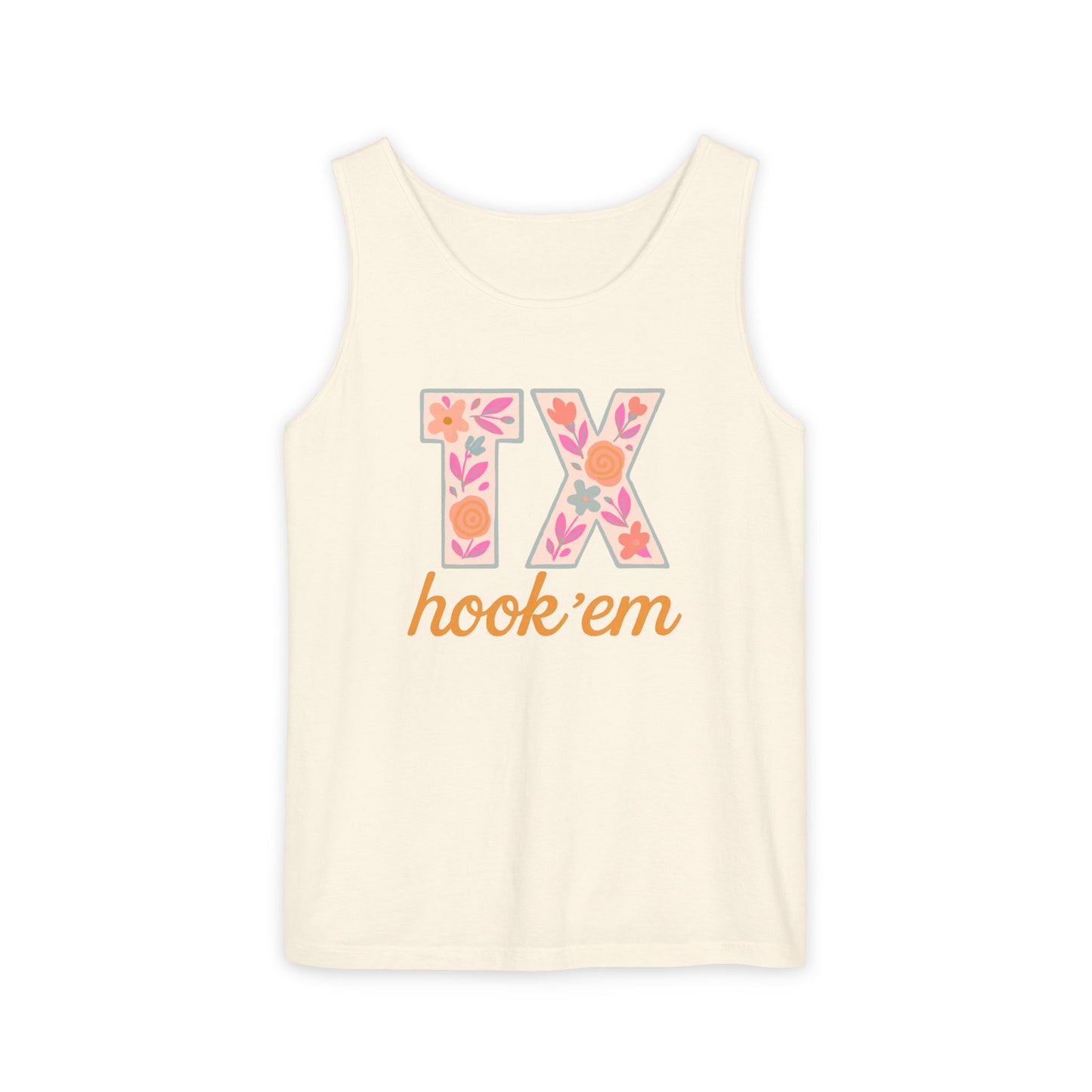 Texas Floral Hook 'Em Unisex Tank Top, Summer Vibe, Casual Wear, College Gear, Gift for Graduates, Texas Pride Apparel, Comfort Colors, Graduation Gift