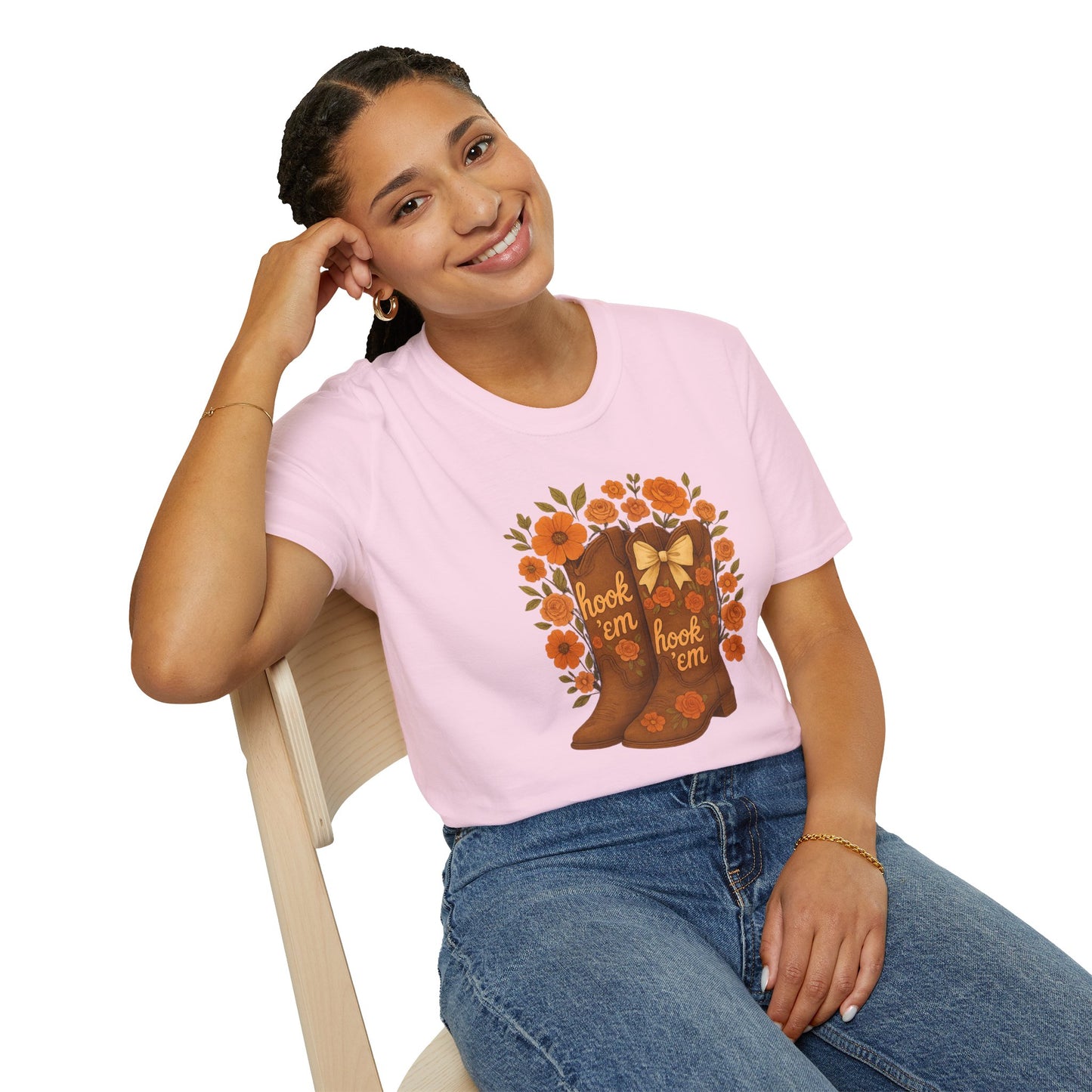 Tx Hook Em Floral Cowboy Boot T-Shirt, Hook 'Em Tee, Autumn Apparel, Country Style, Gift for Her, tx longhorns, texas fan gift, hook em horns, graduation gift, college student gift