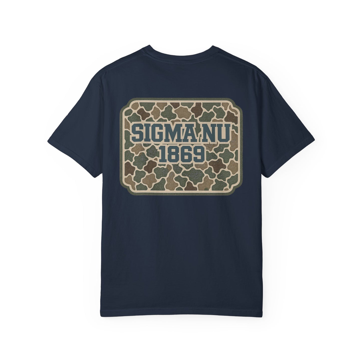 SigmaNu Camouflage T-Shirt | Unisex Garment-Dyed Tee for Greek Life | Ideal for Fraternity Events, Casual Wear, Gifts, Game Days