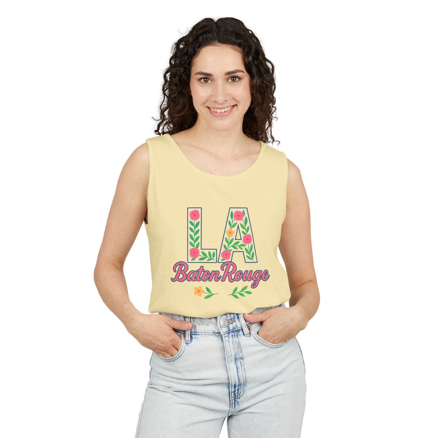 LA Baton Rouge Floral Tank Top, Summer Vibes, Unisex Apparel, Gift for Friends, Vacation Outfit, Spring/Summer Wear, Comfort Colors, Graduation Gift