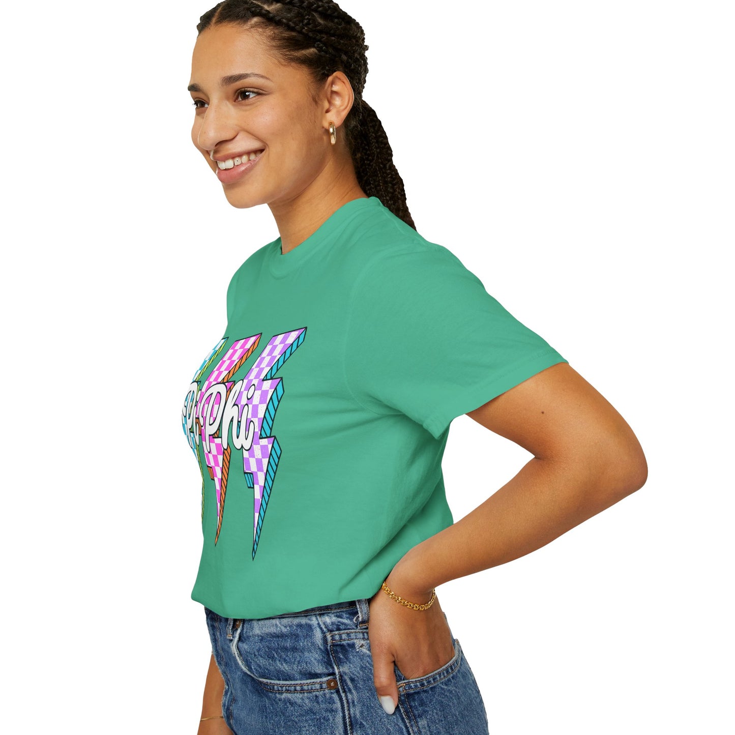 PB Phi Lightning Bolt Unisex T-shirt | Vibrant Greek Life Apparel, Unique Gift for Sorority Sisters, Casual Wear, Celebrating Sisterhood