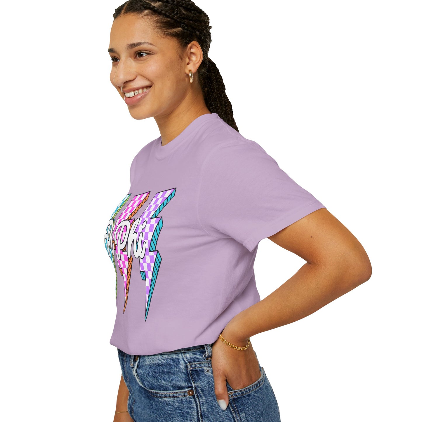 PB Phi Lightning Bolt Unisex T-shirt | Vibrant Greek Life Apparel, Unique Gift for Sorority Sisters, Casual Wear, Celebrating Sisterhood