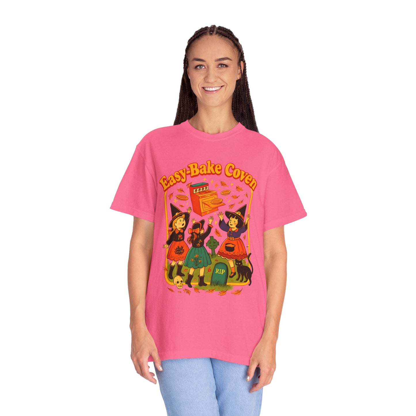 Halloween Witch T-Shirt, Unisex Garment-Dyed Shirt, Easy-Bake Coven Tee, Spooky Season Apparel, Cute Witch Design