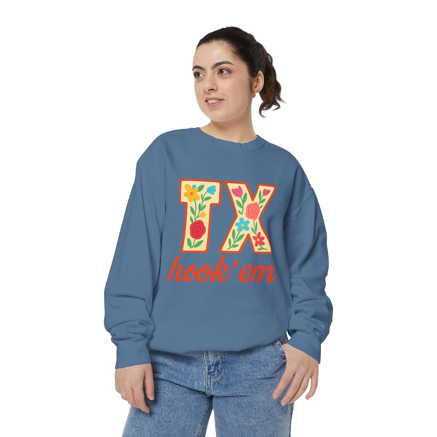 Texas Floral Sweatshirt, Unisex Garment-Dyed Sweatshirt, Cozy Casual Wear, Perfect for Game Day, Floral TX Hook 'Em Design, Stylish [...]