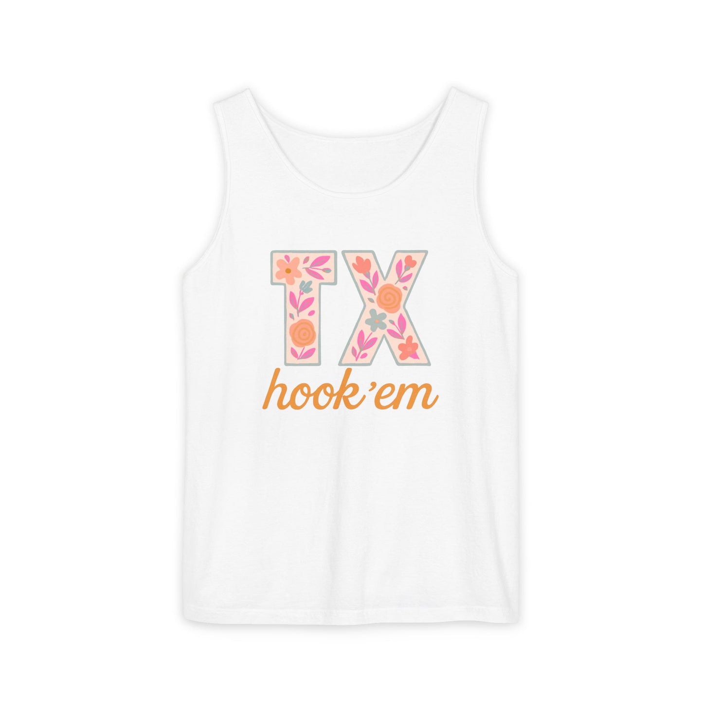 Texas Floral Hook 'Em Unisex Tank Top, Summer Vibe, Casual Wear, College Gear, Gift for Graduates, Texas Pride Apparel, Comfort Colors, Graduation Gift