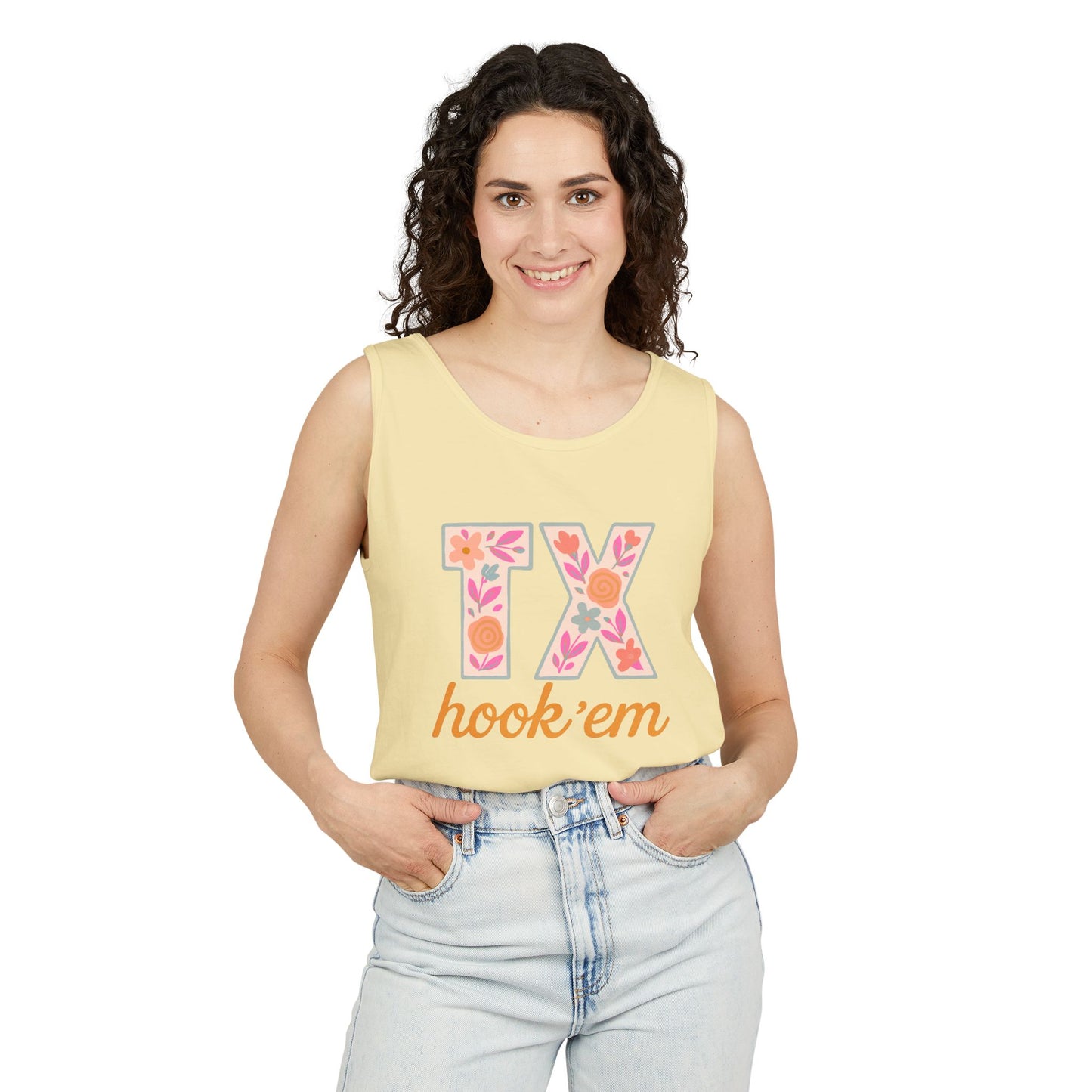 Texas Floral Hook 'Em Unisex Tank Top, Summer Vibe, Casual Wear, College Gear, Gift for Graduates, Texas Pride Apparel, Comfort Colors, Graduation Gift