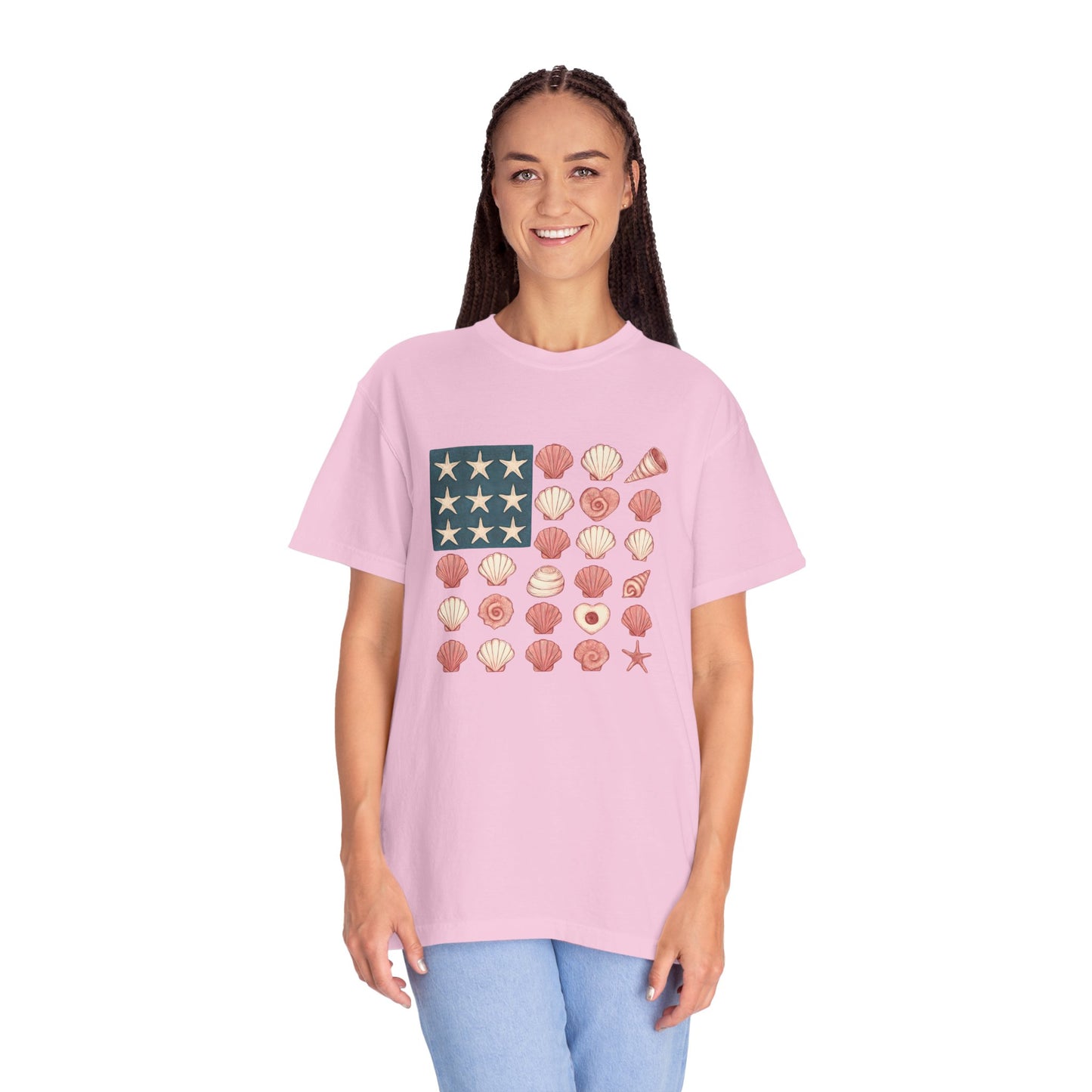 Comfort Colors-Seashell Flag T-Shirt, Unisex, American Flag, Beach Vibes, Nautical Gift, Summer Vibes, July 4th