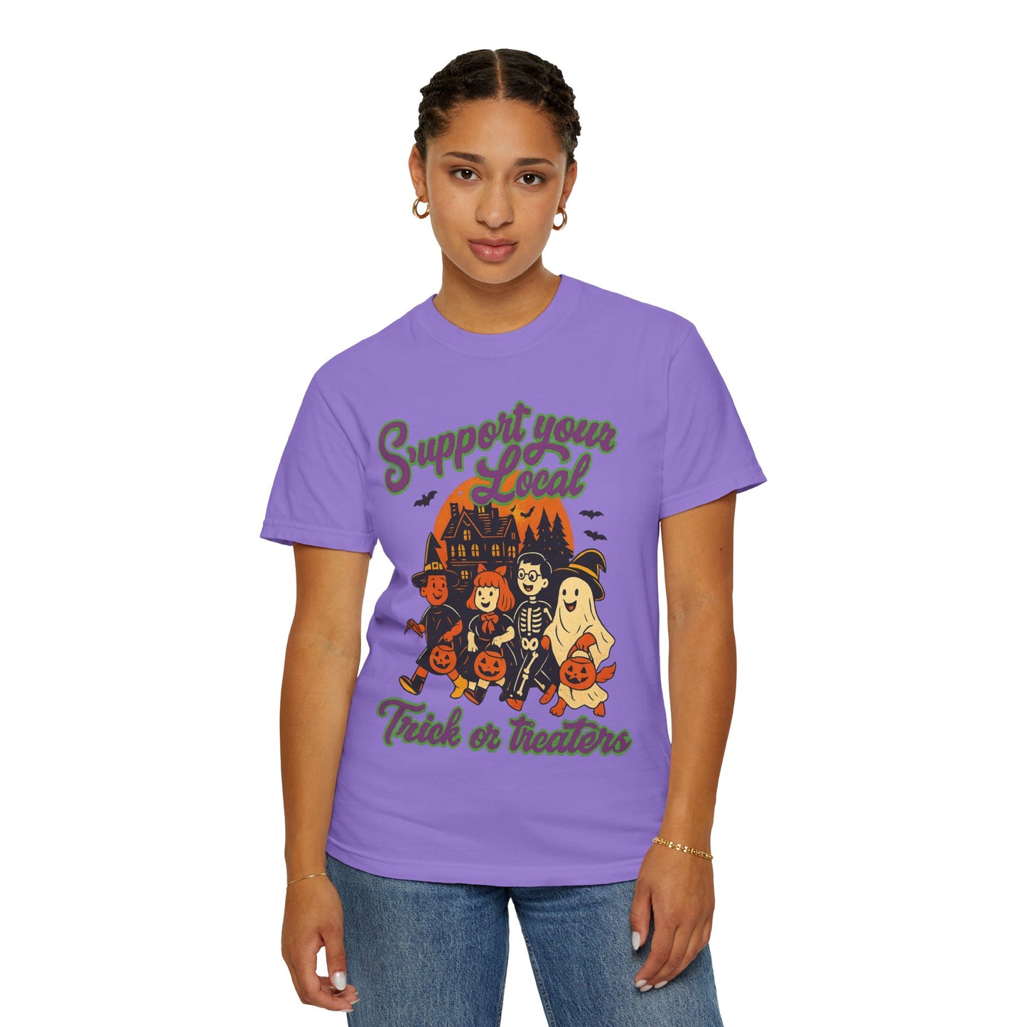 Halloween Support T-Shirt, Youth Trick or Treat Shirt, Garment-Dyed Tee for Kids, Spooky Season Apparel, Holiday Party Top, Fun Costume Wear