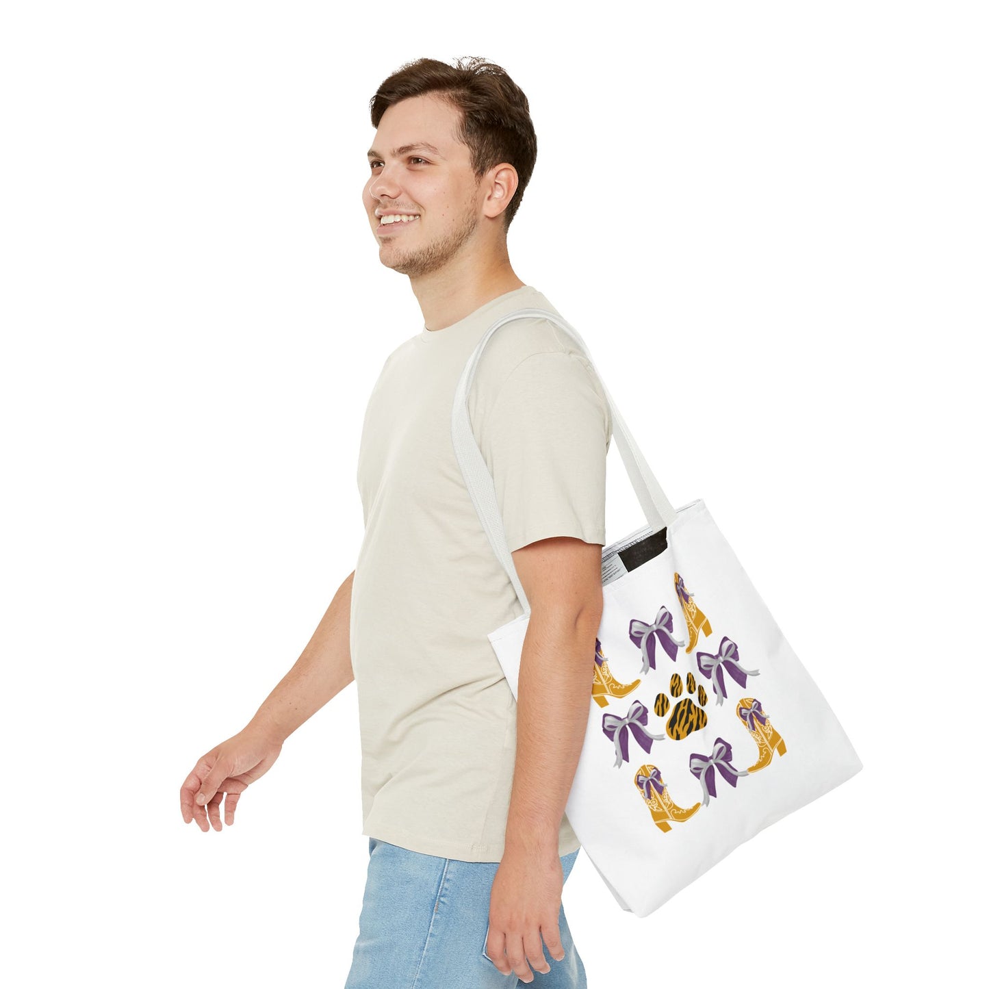 LSu coquette bow Print Tote Bag, Eco-Friendly Fashion Bag, lsu tiger fan, louisiana game day, geaux tigers, college student gift, graduation gift