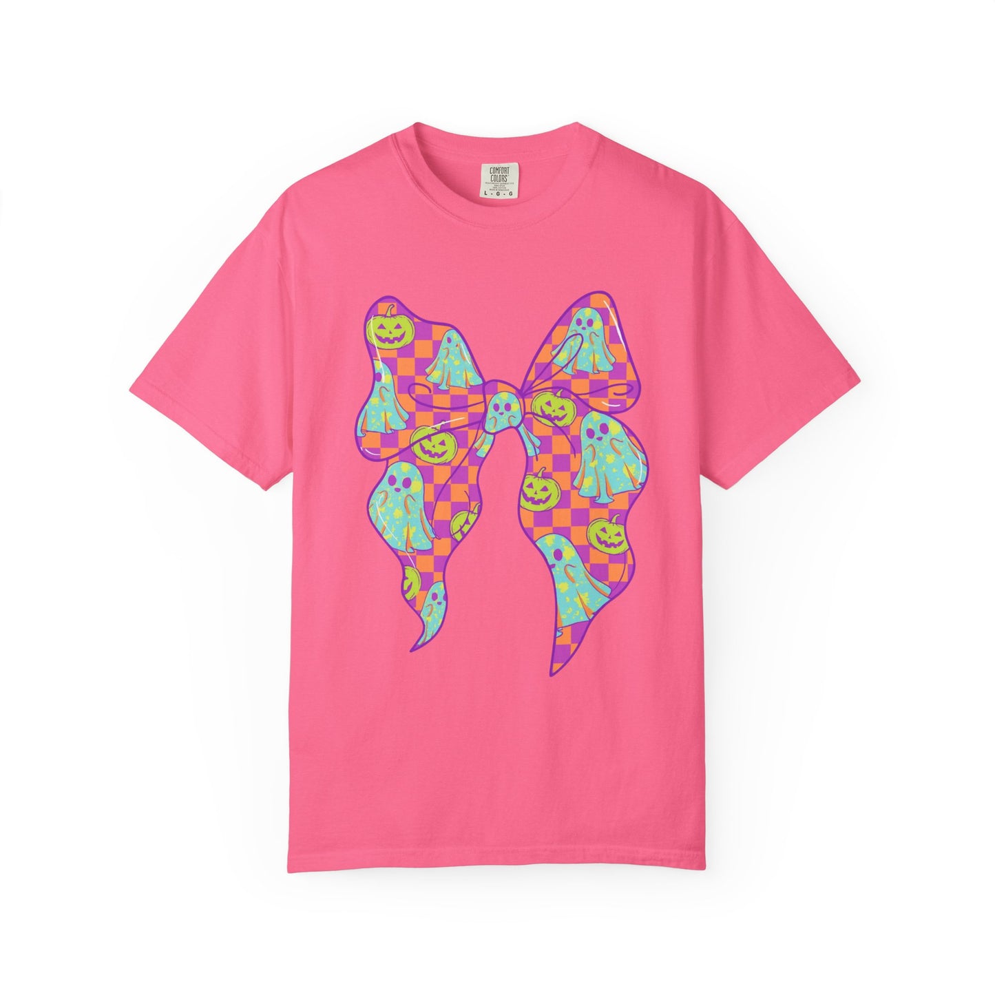 Neon Checkered Ghost Bow T-Shirt - Fun Lovers Halloween Unisex Tee