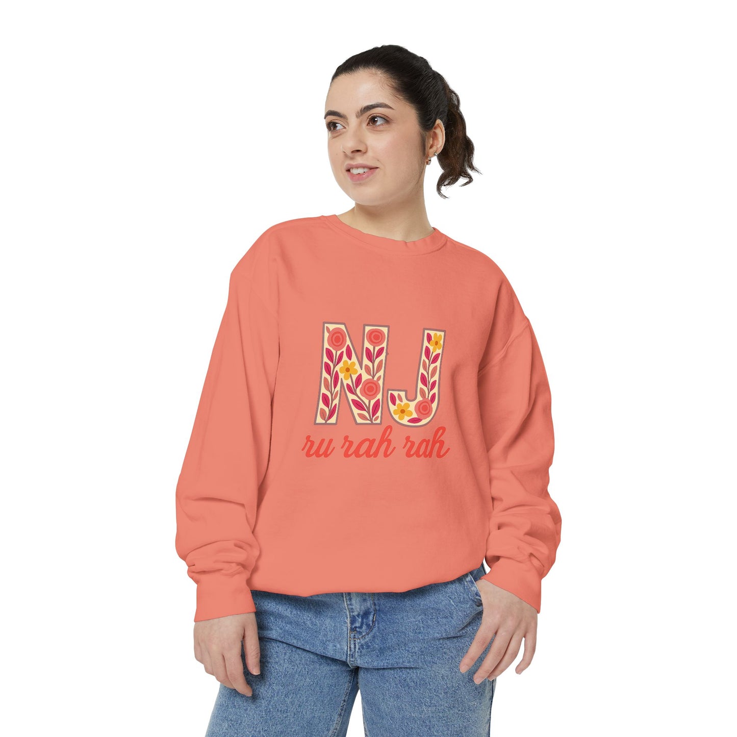 Cheerful NJ Garment-Dyed Sweatshirt, Cozy Unisex Pullover for School Spirit, Fall Fashion, Gift for College Students, Relaxed Fit