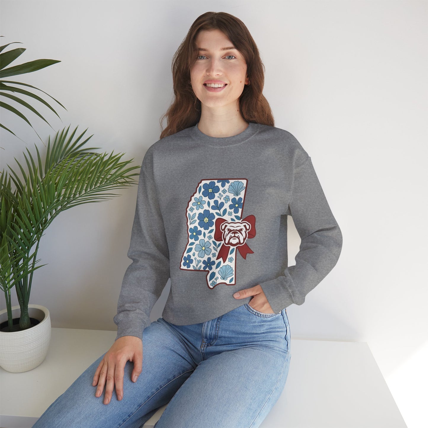Mississippi Flower Bulldog Crewneck Sweatshirt, Cozy Sweatshirt for Fall, Gift for Dog Lovers, College Apparel, Casual Fashion
