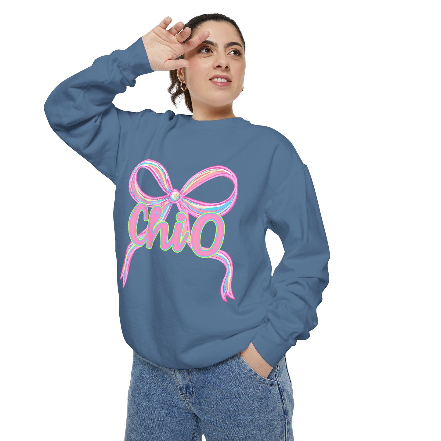 CHIO Chic Bow Graphic Unisex Garment-Dyed Sweatshirt, Cozy Pullover, Fashionable Gift, Casual Outfit, Spring Style, Trendy Apparel