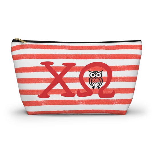Chi Omega Charming Owl Accessory Pouch, Makeup Bag, Gift for Her, Zodiac Lover, Cute Organizer, Striped Cosmetic Pouch