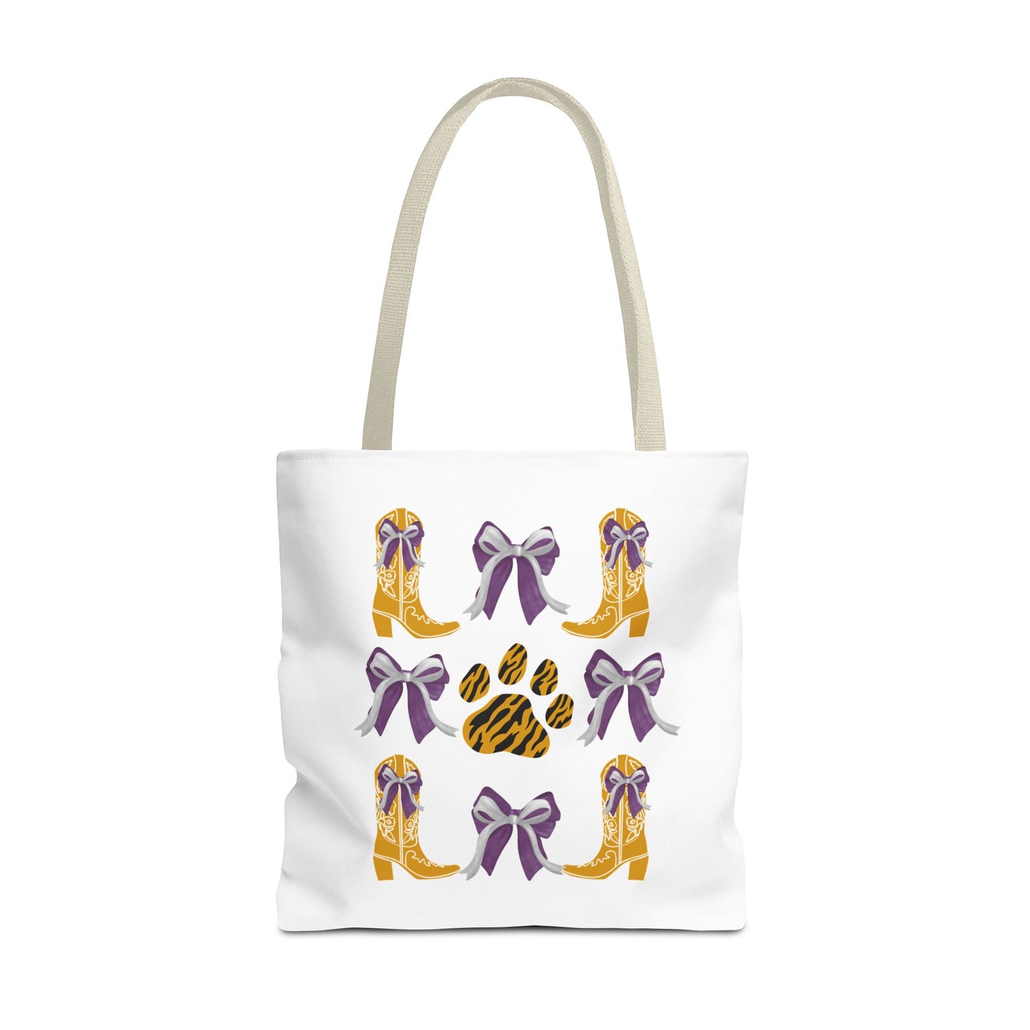 LSu coquette bow Print Tote Bag, Eco-Friendly Fashion Bag, lsu tiger fan, louisiana game day, geaux tigers, college student gift, graduation gift