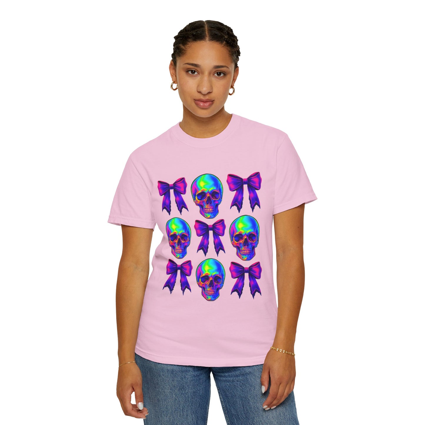 Neon Skull and Bow Unisex T-Shirt | Trendy Graphic Tee for Halloween, Festivals, Casual Wear, Gifts