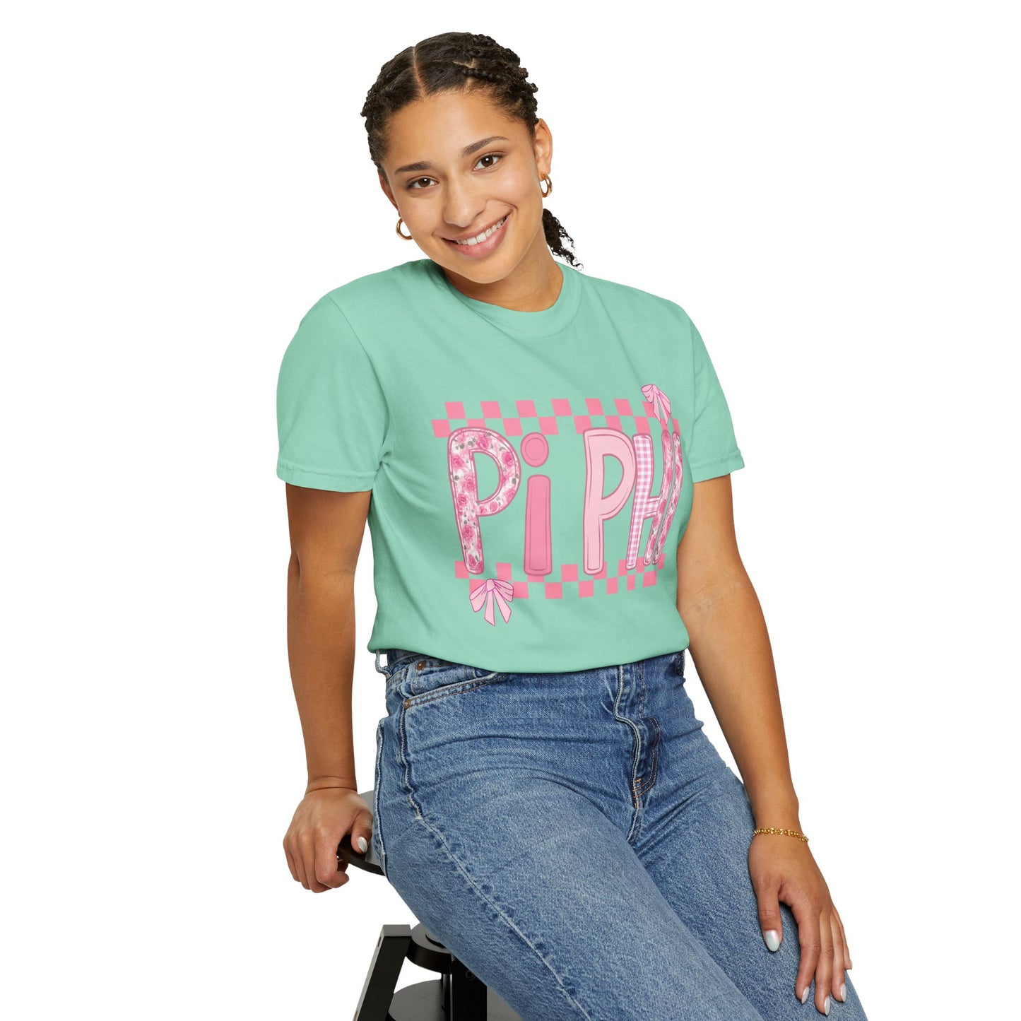 Cute Garment-Dyed T-Shirt for Sorority Sisters, Pi -Checked Style, Perfect for Casual Outings, Sorority Events, Gifts