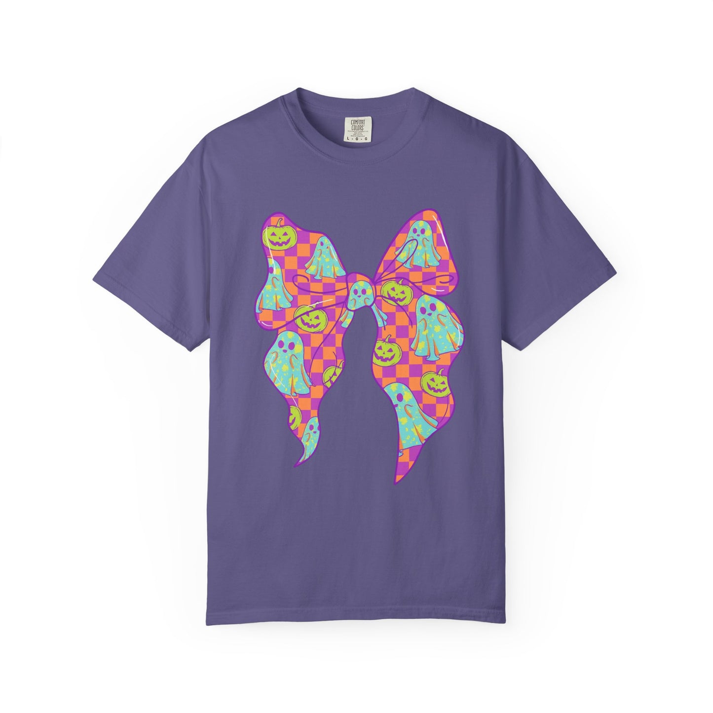 Neon Checkered Ghost Bow T-Shirt - Fun Lovers Halloween Unisex Tee