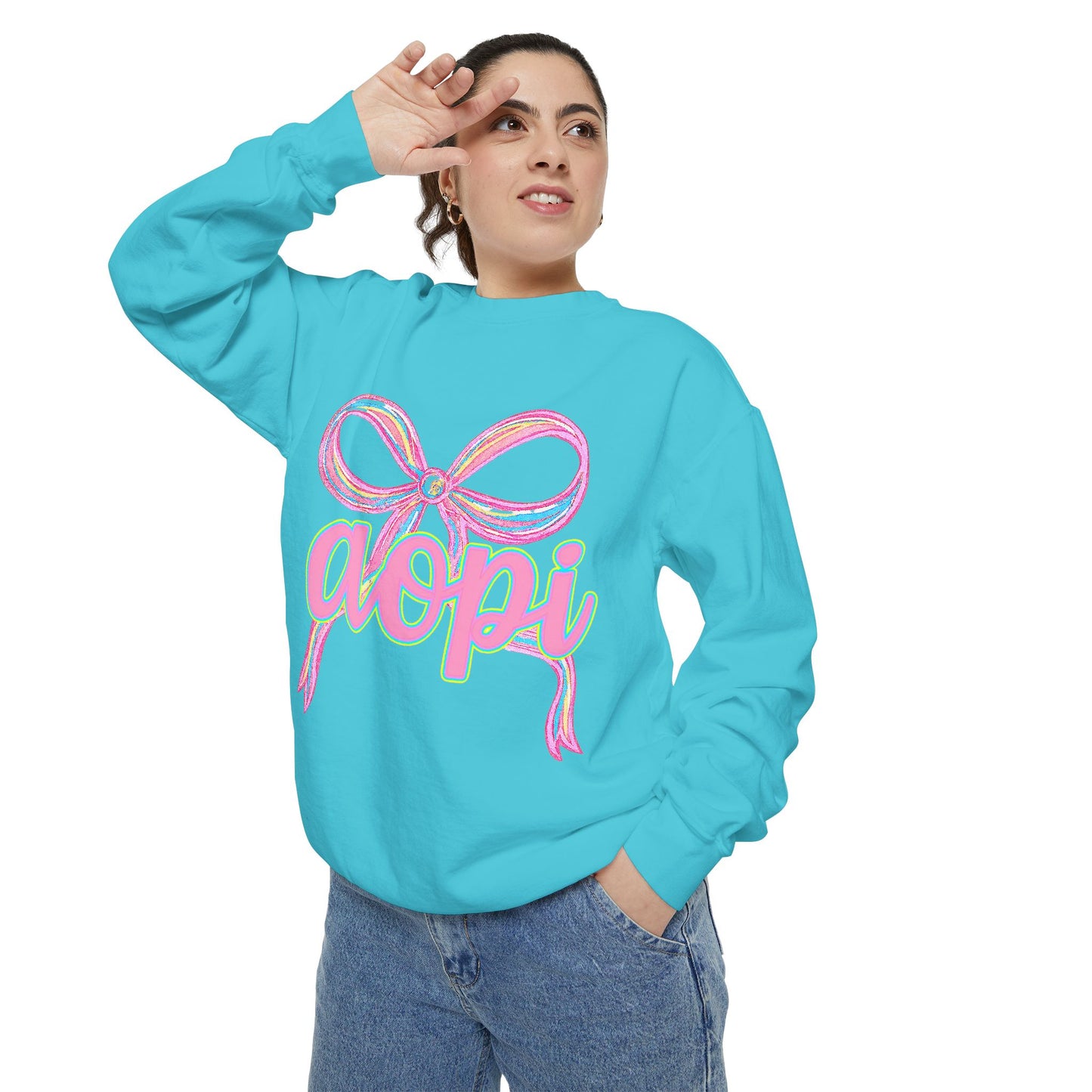 Pastel Bow Sweatshirt with aopi Design, Cozy Unisex Sweatshirt, Gift for Sorority Sisters, Casual Chic Apparel, Best Friend Outfit