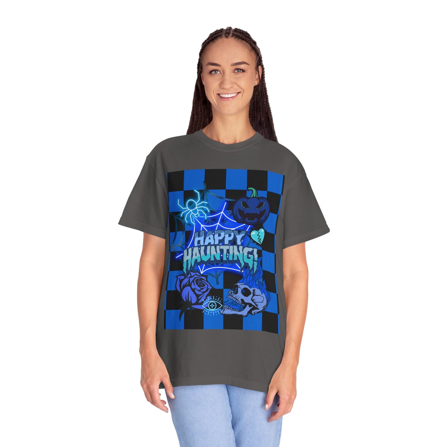 Happy Haunting Unisex Garment-Dyed T-shirt, Halloween Tee, Spooky Shirt, Fall Fashion, Casual Wear, Pumpkin Fest