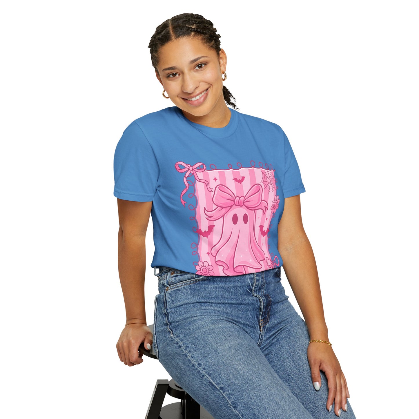 Cute Pink Ghost Graphic T-Shirt, Pink Halloween Tee, Unisex Garment-Dyed Top, Spooky Style for Fall, Trick or Treat Fashion
