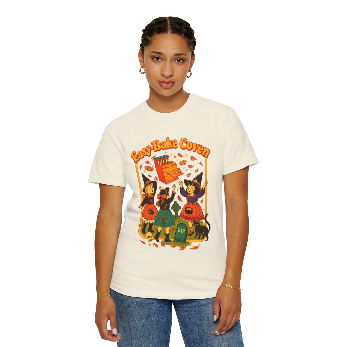 Halloween Witch T-Shirt, Unisex Garment-Dyed Shirt, Easy-Bake Coven Tee, Spooky Season Apparel, Cute Witch Design