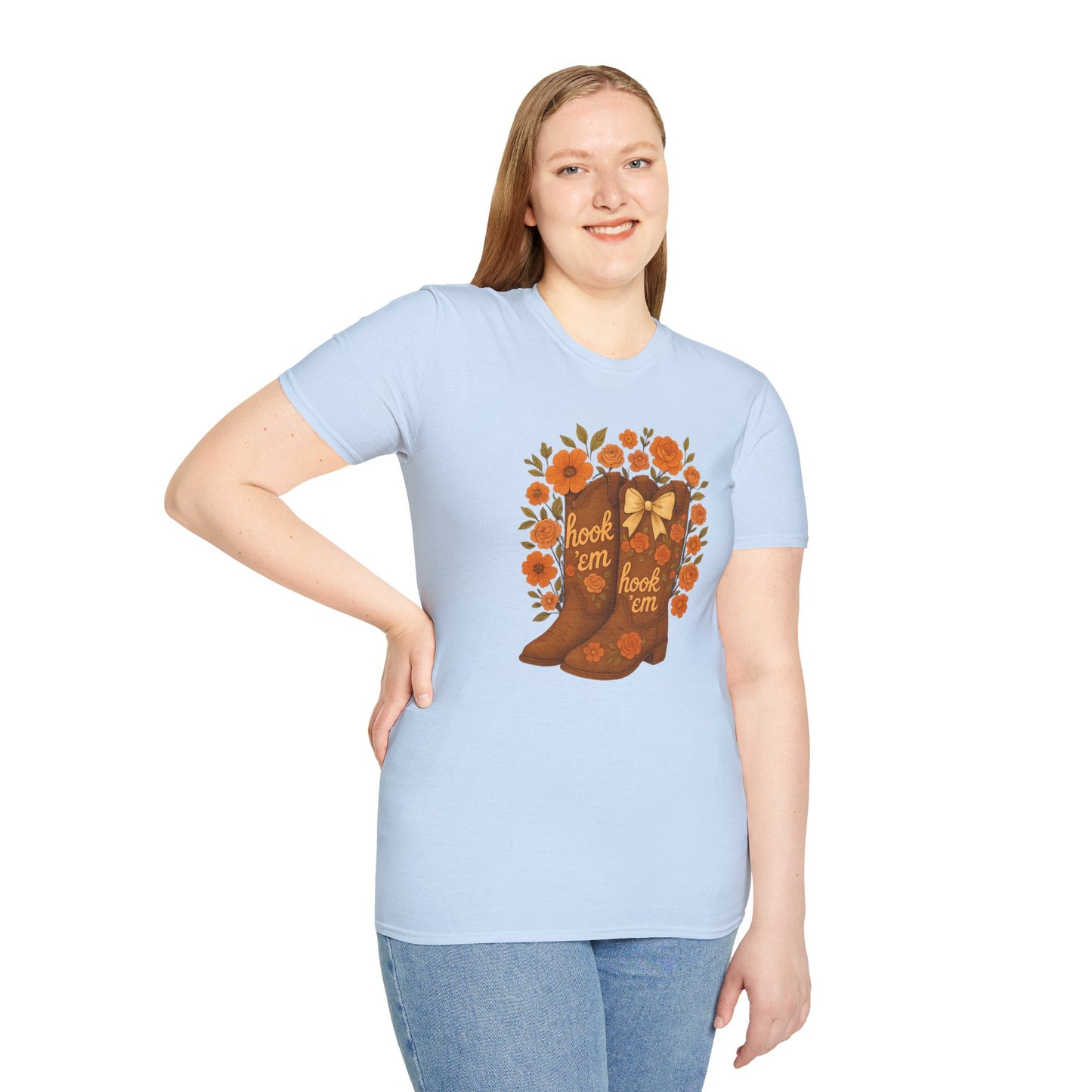 Tx Hook Em Floral Cowboy Boot T-Shirt, Hook 'Em Tee, Autumn Apparel, Country Style, Gift for Her, tx longhorns, texas fan gift, hook em horns, graduation gift, college student gift