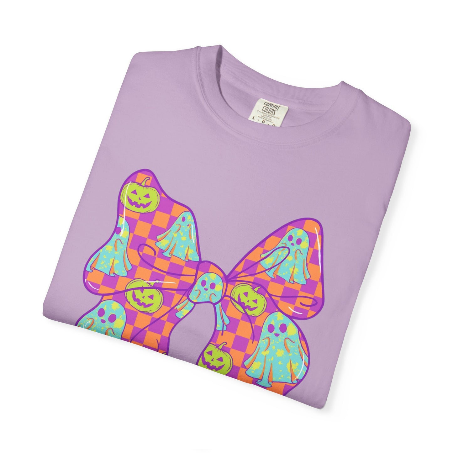 Neon Checkered Ghost Bow T-Shirt - Fun Lovers Halloween Unisex Tee