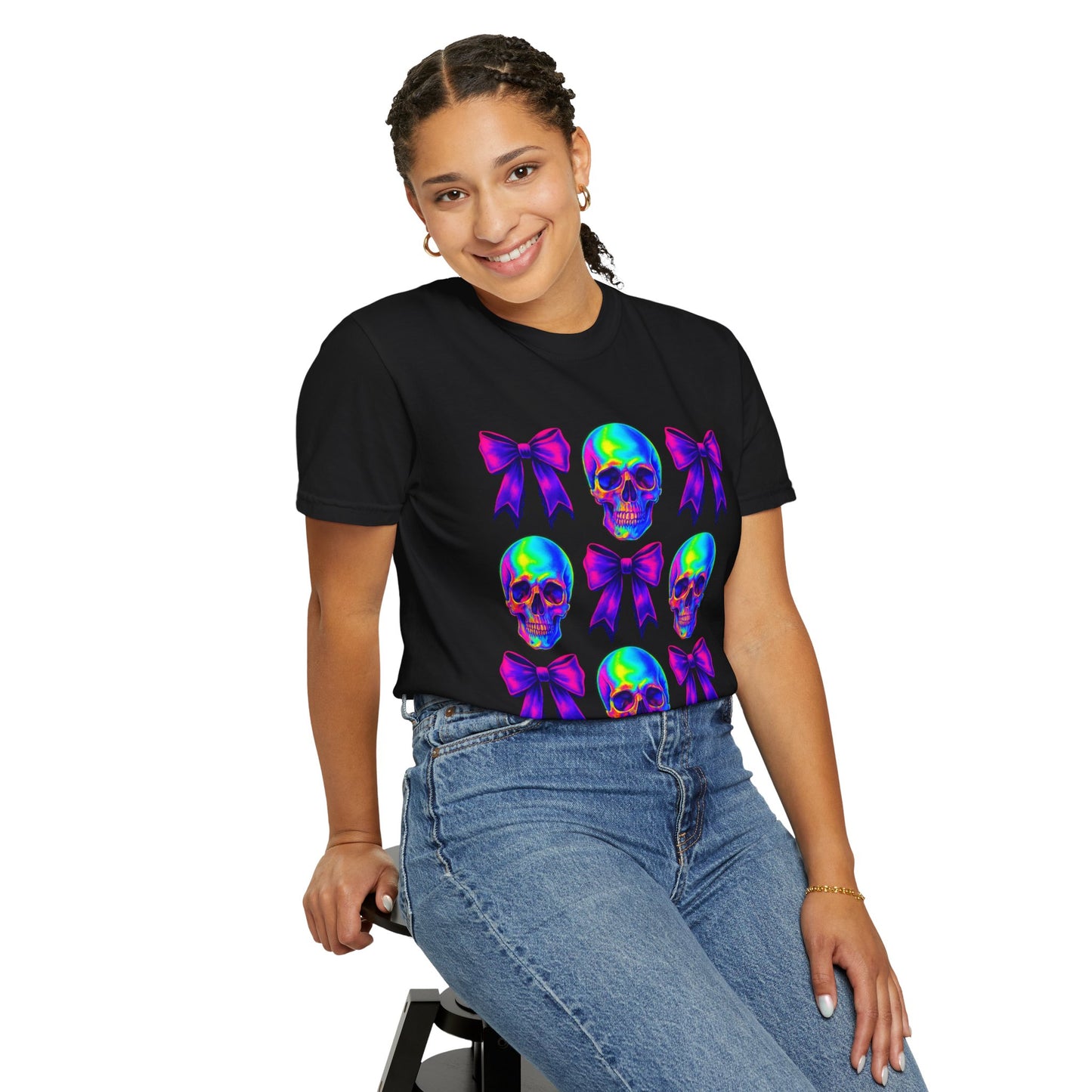 Neon Skull and Bow Unisex T-Shirt | Trendy Graphic Tee for Halloween, Festivals, Casual Wear, Gifts