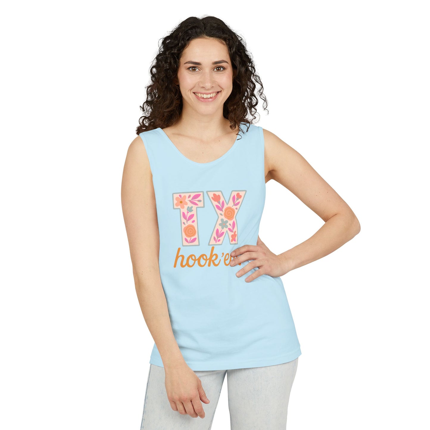 Texas Floral Hook 'Em Unisex Tank Top, Summer Vibe, Casual Wear, College Gear, Gift for Graduates, Texas Pride Apparel, Comfort Colors, Graduation Gift